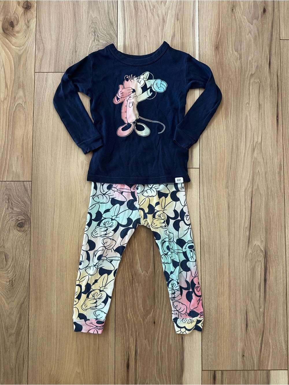 GAP Navy Top with Pastel Multicolor Mickey Floral Pants Pajama Set ORGANIC